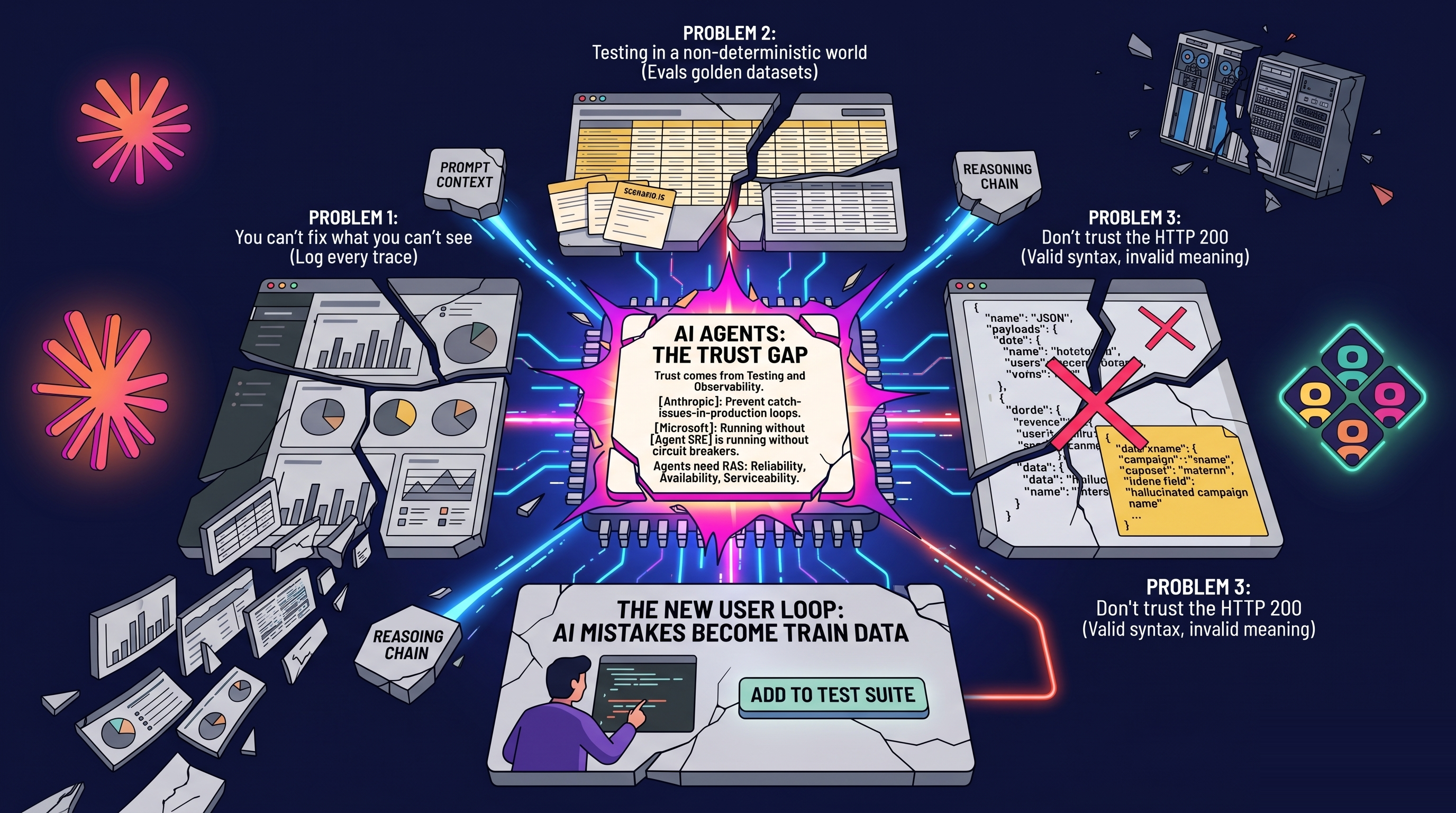 An illustrated map of the AI agent trust gap — three problems (can't see what you can't fix, testing in a non-deterministic world, can't trust the HTTP 200) arranged around a central AI chip, with a 'new user loop' panel where AI mistakes become training data