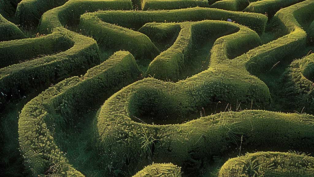 A complex hedge maze seen from above, representing the many paths buyers take to conversion