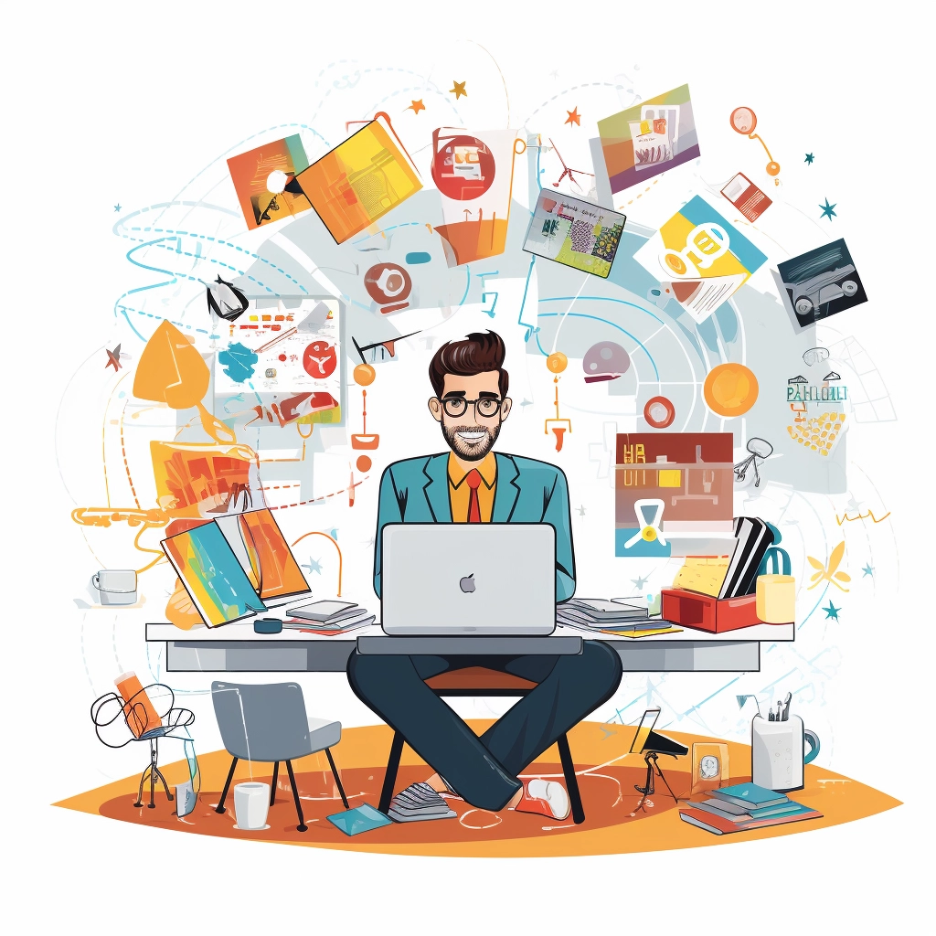 Illustration of a marketer embodying a jack of all trades in a dynamic office environment
