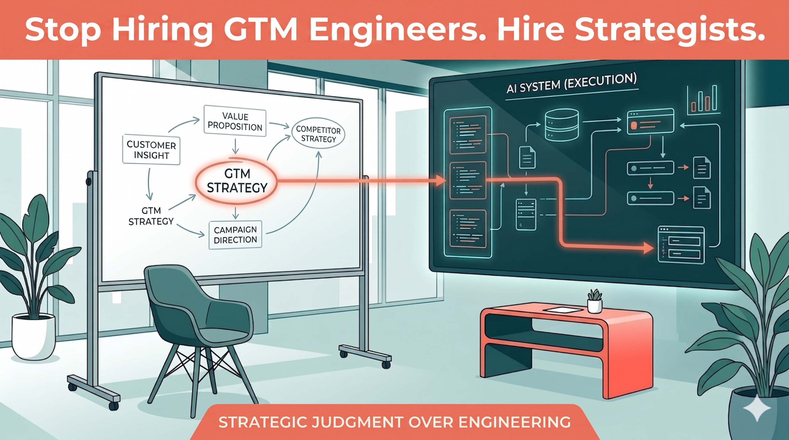Marketing strategist directing an AI system — why GTM engineers are the wrong hire and strategic judgment is the scarce resource