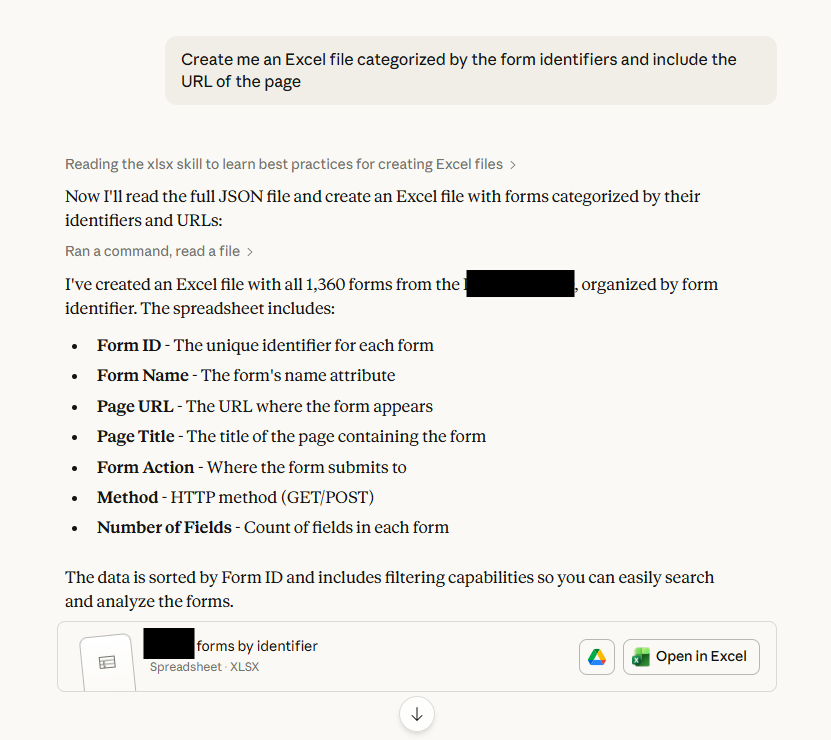 Excel file generated by Claude Desktop with formatted data analysis results