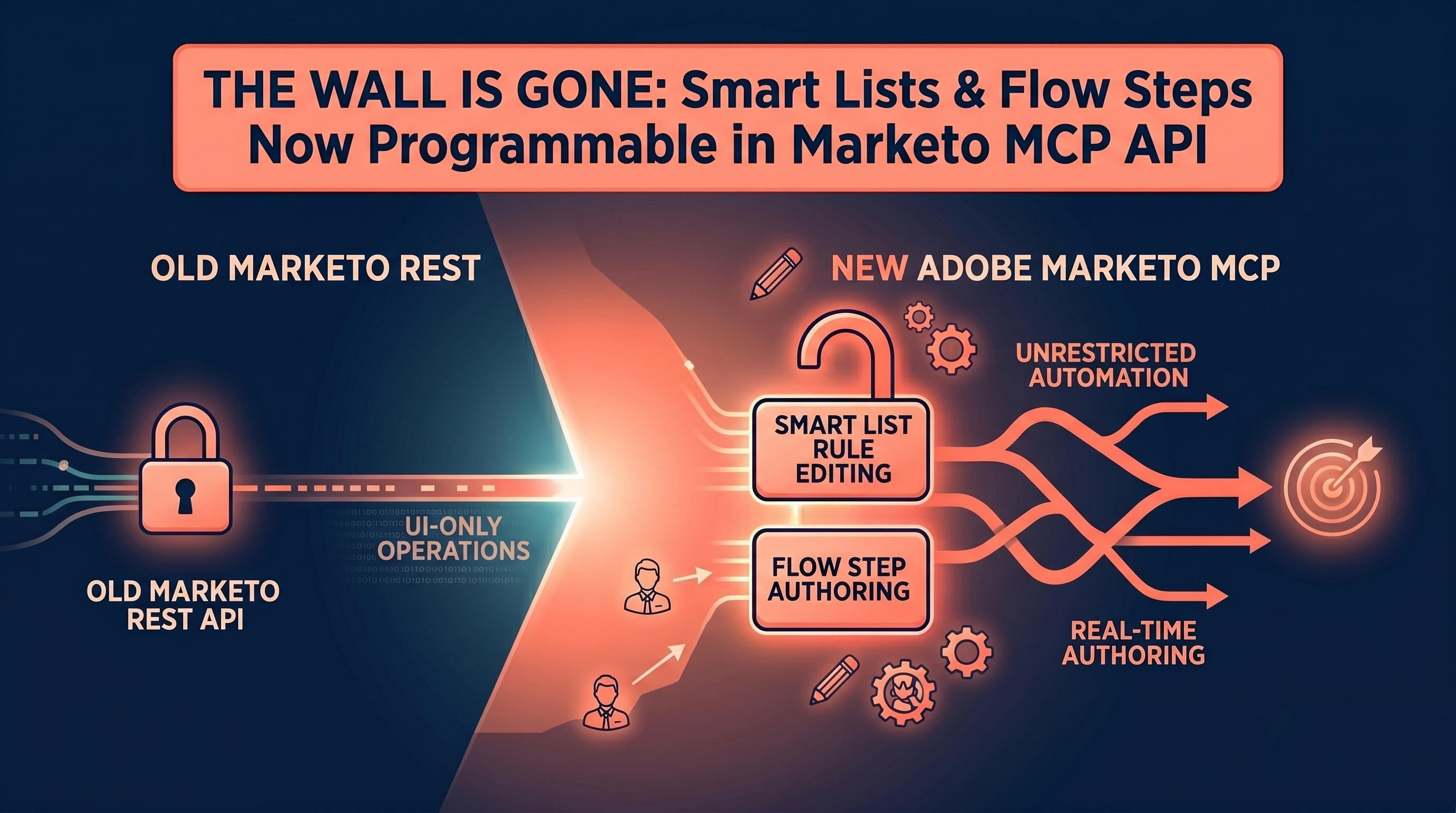 Diagram contrasting the old Marketo REST API's UI-only smart list and flow editing with the new Adobe Marketo MCP unlocking smart list rule editing and flow step authoring