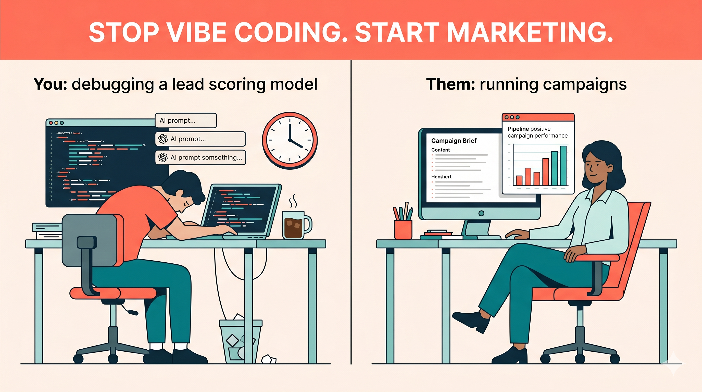 Marketer at a laptop caught in an endless AI build loop — why vibe coding is the wrong use of marketing talent